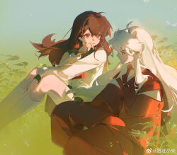  1boy 1girl afire ahoge animal_ears bead_necklace beads blue_background brown_eyes brown_hair choppy_bangs dog_boy dog_ears double-parted_bangs from_side gradient_background green_background green_sailor_collar green_skirt hakama highres higurashi_kagome inuyasha inuyasha_(character) japanese_clothes jewelry long_sidelocks long_sleeves looking_at_another neckerchief necklace plant pleated_skirt red_eyes red_hakama red_neckerchief sailor_collar school_uniform serafuku sidelocks sitting skirt tooth_necklace watermark weibo_username weibo_watermark white_hair 