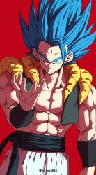  1boy abs absurdres bare_shoulders black_sash black_vest blue_eyes blue_hair commission cowboy_shot cropped_vest dragon_ball dragon_ball_super dragon_ball_super_broly gogeta highres horang4628 male_focus medium_hair metamoran_vest muscular muscular_male no_shirt open_clothes open_vest pants sash simple_background solo spiky_hair super_saiyan super_saiyan_blue vest white_background white_pants 