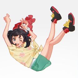  1girl beanie black_hair blue_eyes blush floral_print fua1heyvot4ifsr full_body green_shorts hat highres holding holding_poke_ball one_eye_closed open_mouth poke_ball poke_ball_(basic) pokemon pokemon_sm red_hat selene_(pokemon) shirt shoes short_hair short_sleeves shorts simple_background smile sneakers tied_shirt yellow_shirt z-ring 
