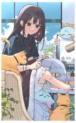  2girls absurdres arm_rest black_shirt blanket blue_hair bracelet brown_eyes brown_hair cat chiriri_(kagura_nana) commentary_request covering_with_blanket day frills grin head_rest highres holding holding_blanket indie_virtual_youtuber jewelry kagura_nana light_blush long_hair looking_at_another microphone mole mole_under_mouth multiple_girls nana_kagura_(real_life) parted_lips real_life shirt sitting sleeping sleeping_upright smile studio_microphone tsukino_(nakajimaseiki) virtual_youtuber voice_actor_connection 