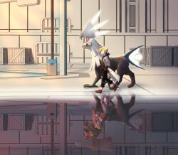  1boy aged_down aurantia_ignis black_hoodie black_pants blonde_hair bright_pupils closed_mouth commentary_request crate fanny_pack from_side full_body gladion_(pokemon) green_eyes grey_eyes highres hood hood_down hoodie in-universe_location indoors jacket lab_coat long_sleeves open_clothes open_jacket pants pokemon pokemon_(creature) pokemon_sm red_bag red_shoes shoes silvally split_screen torn_clothes type:_null white_jacket white_pants white_pupils 