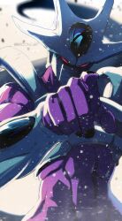  1boy abs alien armor black_nails blue_gemstone blurry broonoart colored_skin commentary cooler_(dragon_ball) cooler_(fifth_form)_(dragon_ball) debris depth_of_field dragon_ball dragon_ball_z fingernails gem gem_on_head glowing glowing_eyes highres light_particles male_focus mask mouth_mask muscular muscular_male no_pupils pointing pointing_at_viewer purple_skin red_eyes solo symbol-only_commentary tail twitter_username upper_body vambraces white_armor 