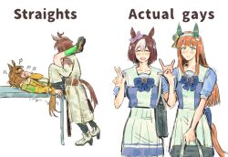  4girls agnes_tachyon_(umamusume) animal_ears bag blue_bow blue_bowtie blue_shirt blush bow bowtie braid brown_hair closed_eyes closed_mouth coat commentary dry_humping english_text green_eyes half_up_braid hashtag-only_commentary high_heels holding holding_bag horse_ears horse_girl horse_tail humping jacket jeremr jungle_pocket_(umamusume) long_hair long_sleeves looking_at_viewer medium_hair multiple_girls open_mouth orange_hair pleated_skirt school_bag school_uniform shirt silence_suzuka_(umamusume) simple_background skirt sleeves_past_fingers sleeves_past_wrists smile special_week_(umamusume) tail tracen_school_uniform umamusume v white_background white_coat white_skirt white_streaks yellow_jacket yuri 
