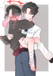  1boy 1girl ^_^ absurdres averting_eyes bandaged_leg bandages beret black_cardigan black_hair black_hat black_wings blue_archive blush cardigan carrying closed_eyes commentary embarrassed feathered_wings halo hat head_steam head_wings hetero highres koharu_(blue_archive) lanyard loose_socks nose_blush nya_(xduy2738) pink_hair princess_carry sensei_(blue_archive) sensei_(blue_archive_the_animation) single_bare_foot socks sparkle toes twintails white_socks wings 