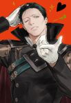  1boy alternate_costume black_hair commentary_request fire_emblem fire_emblem:_three_houses halloween halloween_costume heart highres hubert_von_vestra korean_commentary long_sleeves looking_at_viewer male_focus red_background solo upper_body vampire vestradog yellow_eyes 