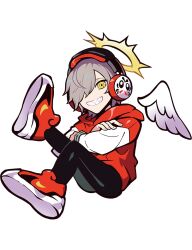  1boy angel_wings anime_coloring artist_request black_leggings black_leotard black_sleeve_cuffs brown_hair crazy_raccoon daruma_doll daruma_is_god detached_wings full_body gradient_wings grin hair_over_one_eye halo headphones hood hood_down hoodie horizontal-striped_sleeve_cuffs leg_up leggings leotard looking_at_viewer male_focus medium_hair midair multicolored_wings official_art one_eye_covered raglan_sleeves red_hood red_hoodie red_shoes second-party_source sharp_teeth shoe_soles shoes sleeve_cuffs smile sneakers solo spiked_halo striped_sleeve_cuffs tachi-e teeth thick_lineart transparent_background tsurime white_sleeves white_wings wings yellow_eyes yellow_halo 