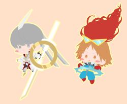  2boys blush brown_eyes brown_hair chibi chibi_only closed_mouth coat cosplay ebak_k3 eyewear_on_head full_body grey_eyes grey_hair hanamura_yousuke highres izanagi_no_okami izanagi_no_okami_(cosplay) long_sleeves male_focus multiple_boys narukami_yu open_mouth orange_background outline persona persona_4 red_hair short_hair simple_background susanoo_(persona) susanoo_(persona)_(cosplay) sword weapon white_coat yellow_outline 