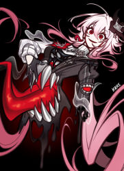  1girl absurdres black_background black_dress black_flower black_gloves dissolving dress evernight_(honkai:_star_rail) extra_mouth flower gloves hair_flower hair_ornament highres honkai:_star_rail honkai_(series) k0re_drawings layered_dress long_hair looking_at_viewer march_7th_(honkai:_star_rail) pink_hair red_eyes sharp_teeth simple_background single_bare_shoulder smile solo stomach_mouth teeth tongue 