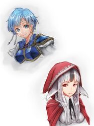  2girls aqua_eyes aqua_hair armor blue_eyes breastplate collared_shirt fire_emblem fire_emblem:_the_binding_blade highres looking_at_viewer medium_hair multiple_girls pocari66 shanna_(fire_emblem) shirt short_sleeves velouria_(fire_emblem) 