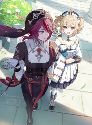  2girls arisuke_(natuyan) artist_name barbara_(genshin_impact) black_dress black_pantyhose black_veil blonde_hair blue_eyes blush book boots claw_ring commentary_request cross day detached_collar detached_sleeves dress drill_hair elbow_gloves eyelashes flower flying_sweatdrops fold-over_boots genshin_impact gloves hair_between_eyes hand_up hat highres holding holding_book long_hair long_sleeves looking_at_another looking_back multicolored_hair multiple_girls nun open_mouth outdoors pantyhose parted_lips pelvic_curtain plant purple_hair red_hair rosaria_(genshin_impact) rosaria_(to_the_church&#039;s_free_spirit)_(genshin_impact) short_hair sidelocks signature smile standing stone_floor strapless strapless_dress streaked_hair sweatdrop twin_drills twitter_username v-shaped_eyebrows veil violet_eyes walking white_boots white_dress white_flower white_gloves white_hat white_pantyhose white_sleeves yellow_flower 