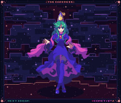  1girl artist_name brooch comet_summoner98 dress english_commentary english_text green_eyes green_hair hat jewelry long_hair long_sleeves mima_(touhou) pixel_art smile star_(symbol) star_print sun_print thigh-highs touhou touhou_(pc-98) wizard_hat 