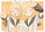 bass_clef blonde_hair bow closed_eyes commentary detached_sleeves fang hair_bow hair_ornament hairclip headset highres kagamine_len kagamine_rin light_blush necktie open_mouth original-orange-610917 sailor_collar shorts treble_clef v vocaloid white_bow