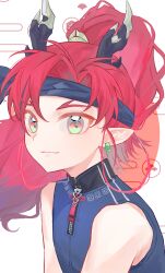  1boy arknights bare_shoulders black_eyes black_hair black_headband chinese_commentary closed_mouth commentary_request earrings egasumi green_eyes hair_intakes headband highres jewelry light_smile long_hair looking_at_viewer male_focus multicolored_eyes multicolored_hair orange_eyes pointy_ears portrait red_hair sleeveless solo streaked_hair tang_cu_caihong white_background yu_(arknights) 