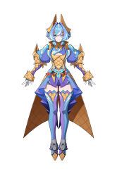 1girl absurdres belt blue_belt blue_dress blue_eyes blue_hair boots cleavage_cutout clothing_cutout colored_eyelashes commentary dress full_body genderswap genderswap_(mtf) gloves gochizo goz-zz henshin_belt_gavv highres juliet_sleeves kamen_rider kamen_rider_gavv kamen_rider_gavv_(blizzardsorbet_form) kamen_rider_gavv_(series) long_sleeves looking_at_viewer medium_hair multicolored_hair puffy_sleeves purple_hair rider-tan rider_belt shorts shorts_under_dress simple_background smile solo standing straight-on streaked_hair thigh_boots white_background white_gloves white_hair