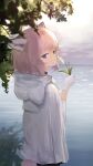  1girl animal_ears animal_hood arknights black_choker choker closed_mouth coat commentary_request eufi_(eufyhouse) flower fox_ears fox_girl fox_tail from_behind gloves highres holding holding_flower hood hood_down hooded_coat lily_of_the_valley looking_at_viewer looking_back outdoors pink_hair short_hair solo sussurro_(arknights) tail upper_body violet_eyes white_coat white_gloves 