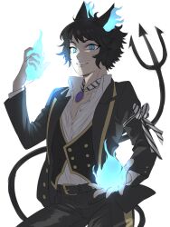  1boy animal_ears black_hair black_vest blue_eyes blue_fire cat_ears commentary_request cowboy_shot demon_tail fire flaming_ears grim_(twisted_wonderland) highres kmkm_puddiiiing looking_at_viewer male_focus night_raven_college_uniform personification pyrokinesis sharp_teeth short_hair simple_background slit_pupils solo tail teeth twisted_wonderland vest white_background 