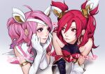  2girls ahoge asymmetrical_gloves bare_shoulders black_gloves closed_mouth earrings elbow_gloves eye_contact gloves gradient_background grey_background hair_ornament hands_on_own_chin heart highres jewelry jinx_(league_of_legends) league_of_legends long_hair looking_at_another lux_(league_of_legends) lying mismatched_gloves multiple_girls on_stomach pink_hair red_eyes redhead sailor_collar smile star_(symbol) star_earrings star_guardian_(league_of_legends) star_guardian_jinx star_guardian_lux translation_request white_gloves white_sailor_collar wosashimi yuri 