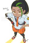  1girl backpack bag black_hair black_pantyhose breast_pocket closed_mouth collared_shirt eyelashes freckles gloves green_hair hands_on_own_hips highres long_hair multicolored_hair necktie nemona_(pokemon) orange_eyes orange_necktie orange_shorts pantyhose pantyhose_under_shorts pocket pokemon pokemon_(game) pokemon_sv ponytail sankaku school_uniform shirt shoes short_sleeves shorts single_glove smile solo twitter_username two-tone_hair watermark white_footwear 