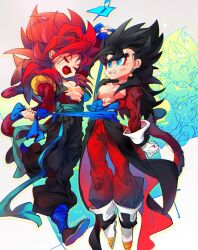  black_hair blue_eyes blue_sash dougi dragon_ball dragon_ball_heroes earrings gloves gogeta gogeta_(xeno) highres jewelry male_focus metamoran_vest monkey_boy monkey_tail multiple_boys muscular muscular_male ommmyoh open_mouth pants potara_earrings red_fur red_hair saiyan sash smile spiky_hair super_saiyan super_saiyan_4 tail time_patrol_(dragon_ball) twitter_username vegetto vegetto_(xeno) 