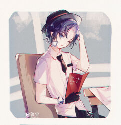  1boy ;o aged_down artist_name black_hat black_necktie black_pants blue_background blue_eyes blue_hair border chair chinese_commentary clarence_clayden collared_shirt cursor curtained_hair hand_on_headwear hat holding looking_at_viewer lovebrush_chronicles male_focus mole mole_under_eye necktie one_eye_closed pamphlet pants parted_bangs shirt short_hair short_necktie short_sleeves sinko123 solo table tablecloth trilby upper_body watch watch white_border white_shirt 