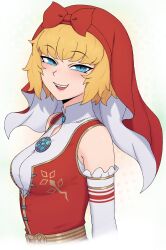  1girl absurdres bare_shoulders blonde_hair blue_eyes breasts commentary cropped_torso detached_sleeves edmonmondo english_commentary highres idunn_(megami_tensei) looking_at_viewer medium_breasts shin_megami_tensei shin_megami_tensei_v short_hair simple_background smile solo teeth upper_teeth_only veil white_background 