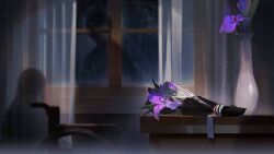  1boy 1girl andoain_(arknights) arknights bouquet curtains flower game_cg highres hospital indoors iris_(flower) lemuen_(arknights) night official_art purple_flower see-through_curtains shadow table third-party_source vase wheelchair window 