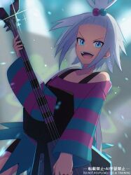  1girl bass_guitar black_shorts blue_eyes bra_strap breasts dress freckles hair_bobbles hair_ornament holding holding_bass_guitar holding_instrument instrument looking_at_viewer multicolored_hair_bobbles open_mouth pokemon pokemon_bw2 riki_(inushima_) roxie_(pokemon) short_hair shorts shorts_under_dress smile solo striped_clothes striped_dress teeth topknot upper_teeth_only white_hair 
