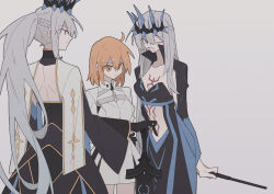  3girls aww_(pixiv4034890) black_dress black_gloves blue_eyes braid crown dress fate/grand_order fate_(series) fujimaru_ritsuka_(female) gloves hair_between_eyes half_up_braid highres long_hair looking_at_viewer morgan_le_fay_(fate) morgan_le_fay_(fate/apocrypha) morgan_le_fay_(queen_of_winter)_(fate) multiple_girls open_mouth orange_eyes orange_hair ponytail short_hair simple_background smile sword two-tone_dress very_long_hair weapon white_hair 