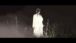  1girl absurdres black_hair breasts curvy curvy_black-haired_girl_(tnr) dress hair_over_one_eye highres huge_breasts off-shoulder_dress off_shoulder original reeds solo tnr_(horiko1525) white_dress 