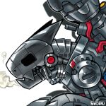  1other artist_name cannon claws digimon digimon_(creature) from_side mugendramon no_humans robot simple_background sinobali smoke solo upper_body white_background 