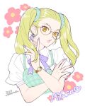 1girl 2023 amenoimo ayase_yuka bandaid blonde_hair earrings freckles glasses hair_ornament hair_scrunchie jewelry lips lipstick long_hair looking_at_viewer makeup nail_polish persona persona_1 scrunchie solo twintails watch watch yellow_eyes 