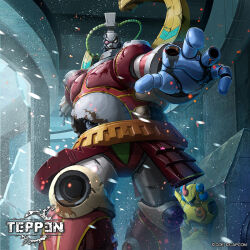  2boys amputee android armor battle_damage bit_(mega_man) breastplate broken_armor byte_(mega_man) cable commentary_request company_name copyright_logo copyright_name copyright_notice damaged exposed_internal_machinery fighting_stance helmet ishida_baru looking_at_viewer male_focus mega_man_(series) mega_man_x3 mega_man_x_(series) missing_finger missing_limb multiple_boys official_art one_eye_closed red_armor red_eyes shoulder_armor sitting snowing solo_focus standing teppen yellow_helmet 