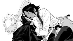  1boy 1girl assertive_female atie1225 black_leotard bleach dark-skinned_female dark_skin girl_on_top greyscale highres leotard monochrome parted_bangs shihouin_yoruichi spiky_hair thighs urahara_kisuke 