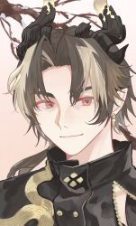  1boy arknights blonde_hair branch brown_hair chinese_commentary chongyue_(arknights) closed_mouth commentary_request earrings hair_intakes highres jewelry looking_at_viewer male_focus medium_hair multicolored_hair pointy_ears portrait red_eyes smile solo streaked_hair tang_cu_caihong 