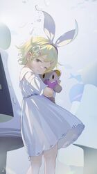  1girl absurdres aged_down agwing86 air_bubble blonde_hair bubble dress hair_ornament hairclip highres holding holding_stuffed_toy kagamine_rin short_hair solo stuffed_animal stuffed_toy underwater vocaloid white_dress 