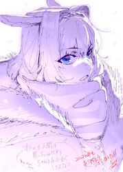  1girl alternate_costume animal_ears azusa_(hws) blue_eyes caenis_(fate) coat dated enpera fate/grand_order fate_(series) fur-trimmed_coat fur_trim hair_between_eyes hair_intakes hairband highres horse_ears looking_at_viewer monochrome open_mouth portrait purple_theme scarf signature simple_background sketch snow solo spot_color white_background 