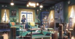  1girl absurdres analog_clock armchair bag black_cat black_hair black_socks blazer blue_jacket book book_stack bookshelf bow bowtie calico_(pattern) calico_cat cat cat_loaf chair clock closed_eyes closed_mouth coat_rack coffee_table collared_shirt cuff_links cup curtains cushion desk desk_lamp double-parted_bangs drawer fireplace flower full_body fumeshi grandfather_clock grey_skirt hair_between_eyes hair_ornament hairclip hand_on_own_ear hanging_flower hanging_light highres indoors jacket lamp long_sleeves medium_hair miniskirt muntins note original pendulum_clock phonograph photo_(object) picture_frame plant pleated_skirt potted_plant red_bow red_bowtie reeds rug saucer scenery school_bag school_uniform shirt skirt slippers smile socks solo standing stool striped_bow striped_bowtie striped_clothes sunlight sweater table teacup teapot too_many_clocks vase wall_clock wallpaper_(object) white_cat white_shirt white_slippers window winter_uniform wooden_floor yellow_sweater 