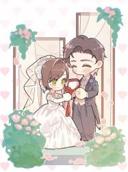  1boy 1girl ^_^ artem_wing_(tears_of_themis) bare_shoulders blush_stickers bride brown_hair brown_necktie brown_vest chibi closed_eyes closed_mouth collared_shirt cross-shaped_pupils dress flower green_eyes grey_background grey_jacket grey_pants groom heart heart_background highres holding jacket littletreeee necktie open_clothes open_jacket pants petals pink_flower pink_rose rosa_(tears_of_themis) rose shirt single_hair_intake smile standing strapless strapless_dress symbol-shaped_pupils tears_of_themis veil vest white_dress white_shirt 