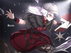 1girl black_capelet black_corset black_hair book brown_thighhighs capelet corset deerstalker dress floating floating_book floating_object grey_hat hat highres hololive hololive_english kicho_006 long_hair multicolored_hair official_alternate_costume pocket_watch red_dress shiori_novella shiori_novella_(casual) solo split-color_hair thigh-highs two-tone_hair virtual_youtuber watch white_hair yellow_eyes 