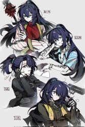  1boy 66167e3d arm_tattoo black_coat black_eyes black_gloves black_hair black_necktie blood blood_on_hands blue_eyes blue_shirt closed_mouth coat collared_shirt dieci_association_south_uniform fingerless_gloves full-stop_office_(identity)_(project_moon) gloves gun hawaiian_shirt heterochromia high_ponytail highres holding holding_gun holding_polearm holding_weapon hong_lu_(project_moon) land_of_illusion_(e.g.o) limbus_company long_hair long_sleeves looking_at_viewer male_focus necktie polearm ponytail project_moon red_shirt shirt simple_background solo striped_coat sweatdrop tattoo tingtang_gang_(identity)_(project_moon) upper_body weapon white_background white_coat white_gloves yellow_stole 