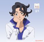  1boy artist_name augustine_sycamore black_hair blue_shirt blush closed_mouth coat collared_shirt curly_hair facial_hair gradient_background grey_eyes hand_up head_rest lab_coat male_focus mixed-language_commentary noelia_ponce pokemon pokemon_(game) pokemon_xy popped_collar reference_inset shirt signature solo upper_body white_coat 