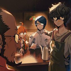  1girl 3boys :&lt; ahoge amamiya_ren apron balding beard black-framed_eyewear black_hair blue_eyes blue_hair closed_mouth commentary_request curry expressionless facial_hair food game_43ice green_apron grey_shirt hair_between_eyes highres holding holding_spoon indoors jacket kitagawa_yuusuke long_hair long_sleeves multiple_boys orange_hair persona persona_5 pointing sakura_futaba sakura_soujirou shirt short_hair spoon swept_bangs utensil_in_mouth white_jacket 