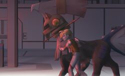  1boy aged_down aurantia_ignis blonde_hair commentary_request dimly_lit_room dirty dirty_clothes dirty_face from_side gladion_(pokemon) helmet highres indoors long_sleeves orange_vest pants pokemon pokemon_(creature) pokemon_sm shirt short_hair standing torn_clothes type:_null vest white_pants white_shirt 