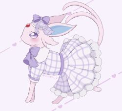  blush bow clothed_pokemon commentary_request dress espeon espeon_(checkered) frilled_dress frills hat heart looking_up no_humans pokemon pokemon_(creature) pokemon_unite purple_dress purple_hat solo violet_eyes yuuri_(yr0471_0) 