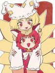  2girls animal_ears blonde_hair brown_hair cat_ears chen chunmarupi dress earrings fingernails fox_ears fox_tail hat highres jewelry long_fingernails long_sleeves mob_cap multiple_girls multiple_tails nail_polish red_dress red_eyes red_nails sharp_fingernails short_hair single_earring tail touhou white_headwear yakumo_ran yellow_eyes 