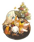  1girl aqua_eyes arms_up barefoot black_cat blonde_hair cat christmas_tree closed_mouth cup dress flower hair_ornament hairclip highres long_hair long_sleeves lying on_back original rafaelaaa smile solo star_(symbol) white_cat winter 