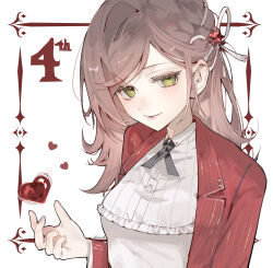  1girl anniversary breasts brown_hair closed_mouth collared_shirt commentary dress_shirt english_commentary frilled_shirt frills green_eyes hand_up heart highres jacket long_hair looking_at_viewer missedyellowhat pinstripe_jacket pinstripe_pattern red_jacket rosa_(tears_of_themis) shirt small_breasts smile solo tears_of_themis upper_body white_background white_shirt 