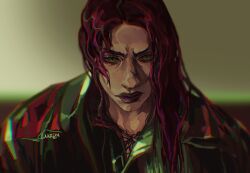  1boy absurdres alternate_costume closed_mouth diavolo english_commentary freckles green_eyes highres jacket jojo_no_kimyou_na_bouken long_hair looking_at_viewer losevas3 makeup male_focus pink_hair portrait purple_lips red_jacket solo upper_body vento_aureo 