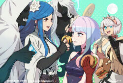  bandaged_hand bandages black_skin blue_hair burger colored_skin cyberpunk:_edgerunners cyberpunk_(series) dark-skinned_female dark_skin dizzy_(guilty_gear) eating elphelt_valentine flower food grey_hair guilty_gear guilty_gear_strive hair_flower hair_ornament hat highres holding holding_burger holding_food hood lucy_(cyberpunk) may_(guilty_gear) multicolored_hair necro_(guilty_gear) paracelsus_(guilty_gear) queen_dizzy ramlethal_valentine sawasa shirt sweatdrop thumbs_up undine_(guilty_gear) white_shirt 
