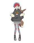  1girl aoharu_(aohr222) backpack bag boots brown_bag closed_mouth commentary_request full_body glasses grey_eyes hand_in_pocket highres hood hoodie multicolored_hair pantyhose penny_(pokemon) poke_ball_print pokemon pokemon_(game) pokemon_sv redhead round_eyewear see-through see-through_skirt short_hair shorts shorts_under_skirt simple_background skirt solo standing two-tone_hair white_background 